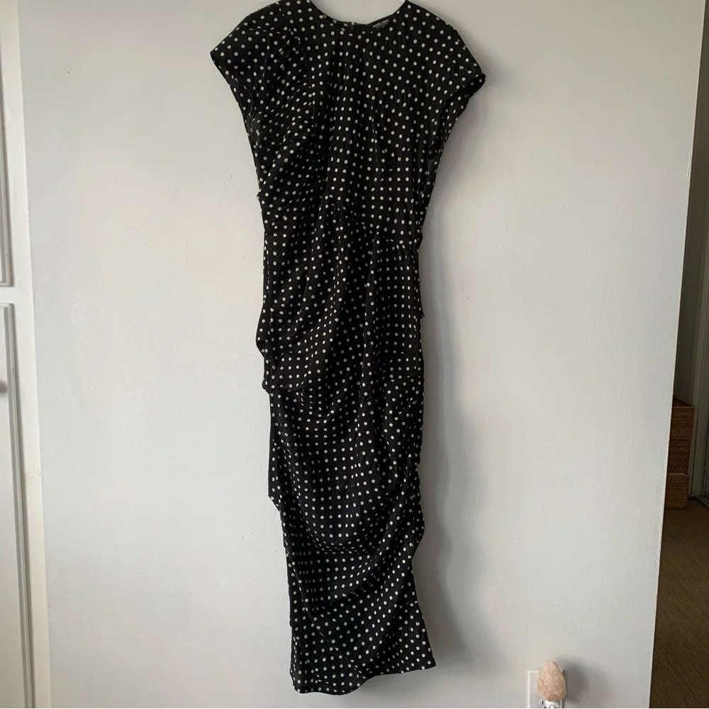 Rachel Comey New Delirium Silk Polka Dot Ruched Midi Short Sleeve Dress Black - Picture 6 of 14